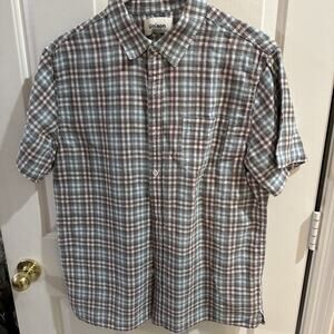Create UNISON Mens Button Down Short Sleeve Patch Pocket Shirt Sz L Linen/Cotton